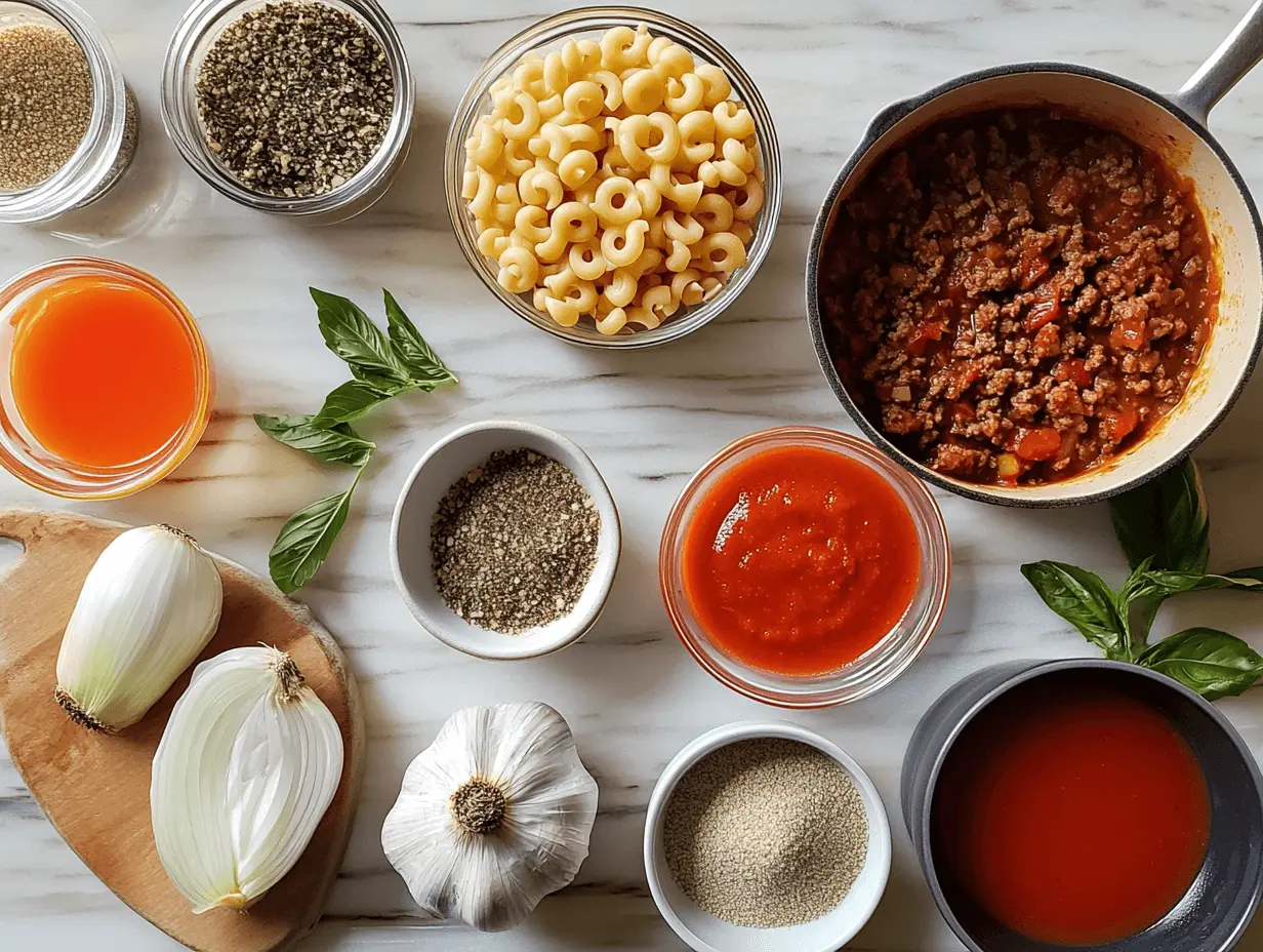 An organized display of fresh ingredients for Chef John’s American Goulash