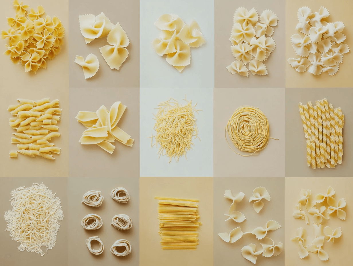 Collage of various raw pasta shapes: linguine, spaghetti, fettuccine, penne, farfalle, orecchiette, fusilli, bucatini, rotini, and cavatappi, arranged on a clean surface