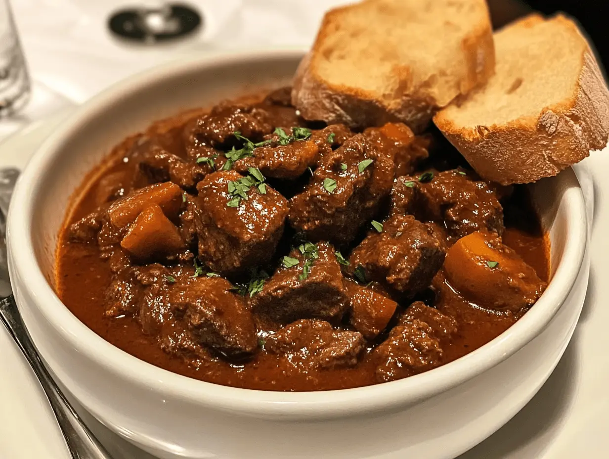 A bowl of traditional Hungarian goulash with paprika, meat, and vegetables, served with rustic bread.