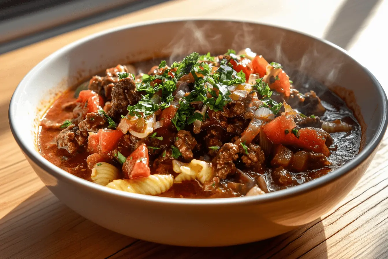 Hearty bowl of American goulash with ground beef, pasta, and tomatoes, garnished with herbs.