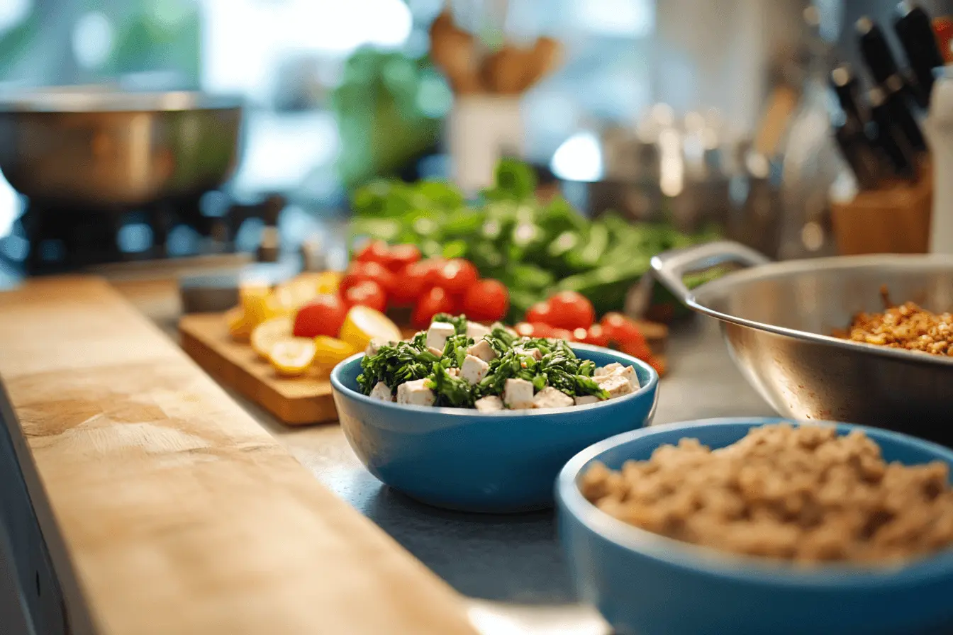 Bowls of plant-based proteins like tofu, tempeh, and vegan ground meat on a wooden kitchen counter to add with american goulash. 