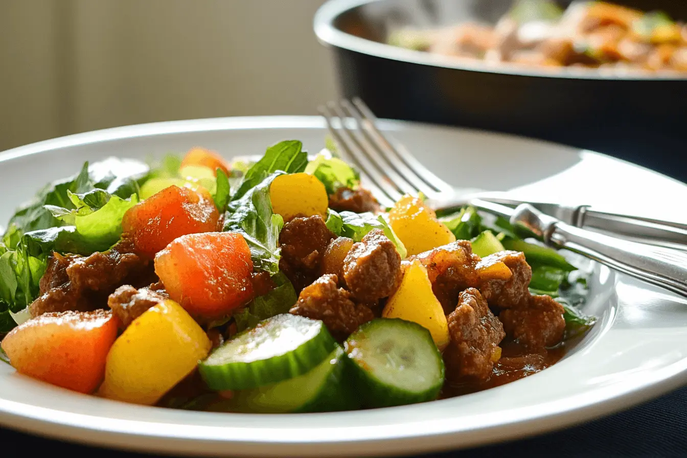 Fresh green salad with cucumbers, tomatoes, and light dressing, served alongside American goulash. 