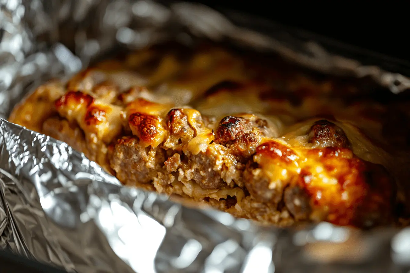 A portion of sausage casserole wrapped tightly in foil, ready for freezing