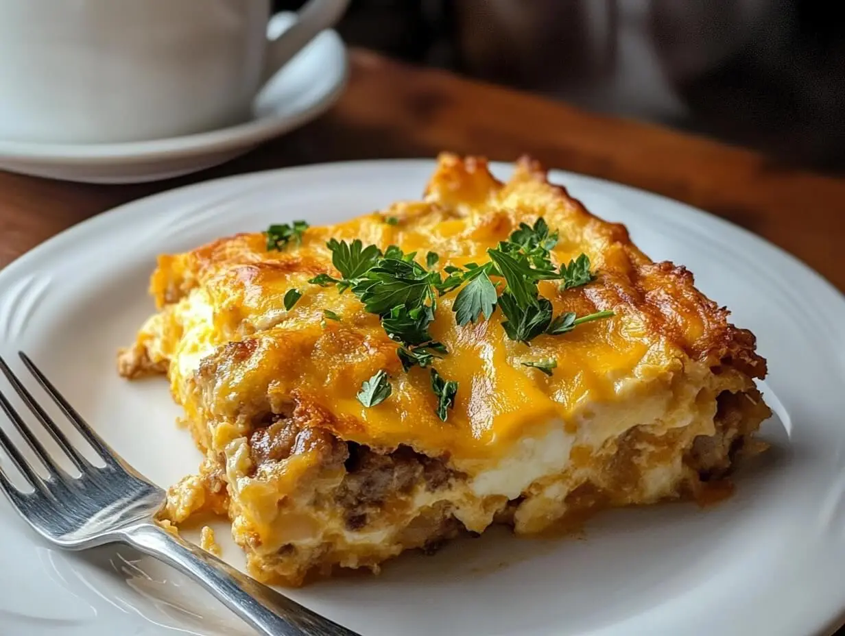 A single serving of sausage, cheese, and egg breakfast casserole on a white plate, garnished with fresh herbs, with a fork and a steaming cup of coffee beside it.