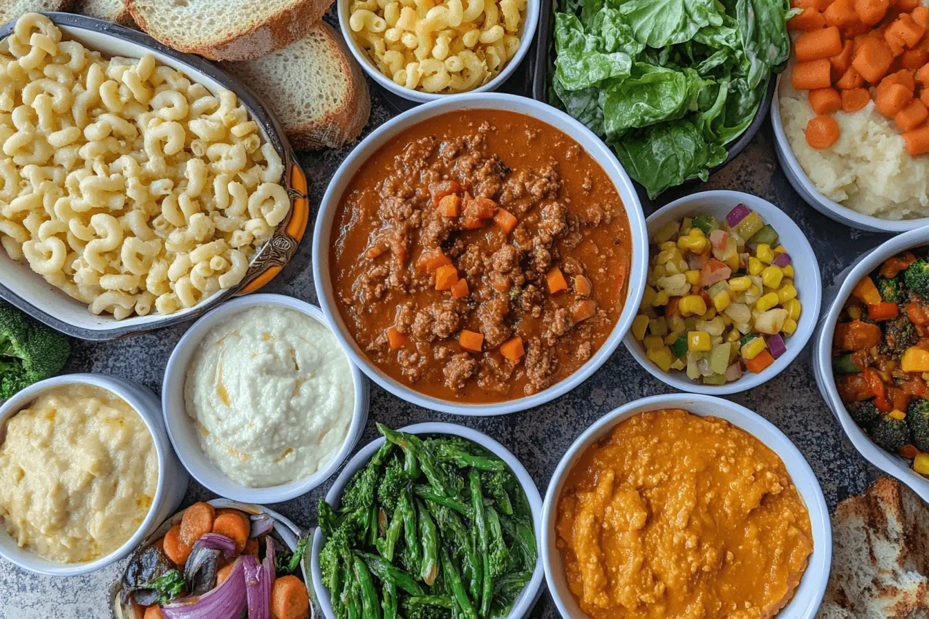 Collage of American goulash surrounded by side dishes like garlic bread, roasted vegetables, mashed potatoes, macaroni and cheese, cornbread, and more