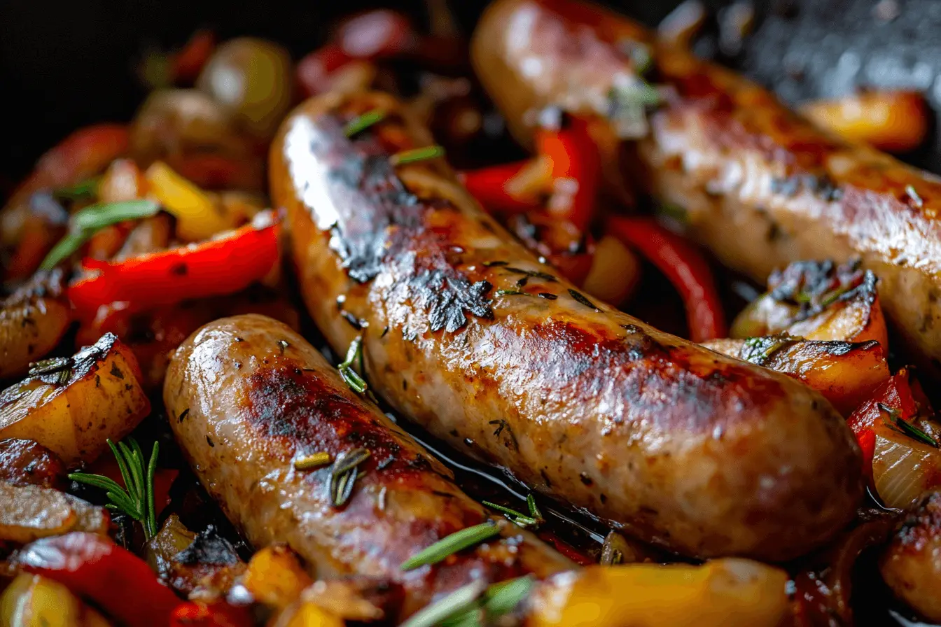 Golden brown sausages sizzling in a frying pan, ready to be added to the casserole dish.