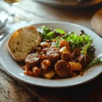 A beautifully served plate of sausage casserole, with a side of crusty bread and a fresh green salad