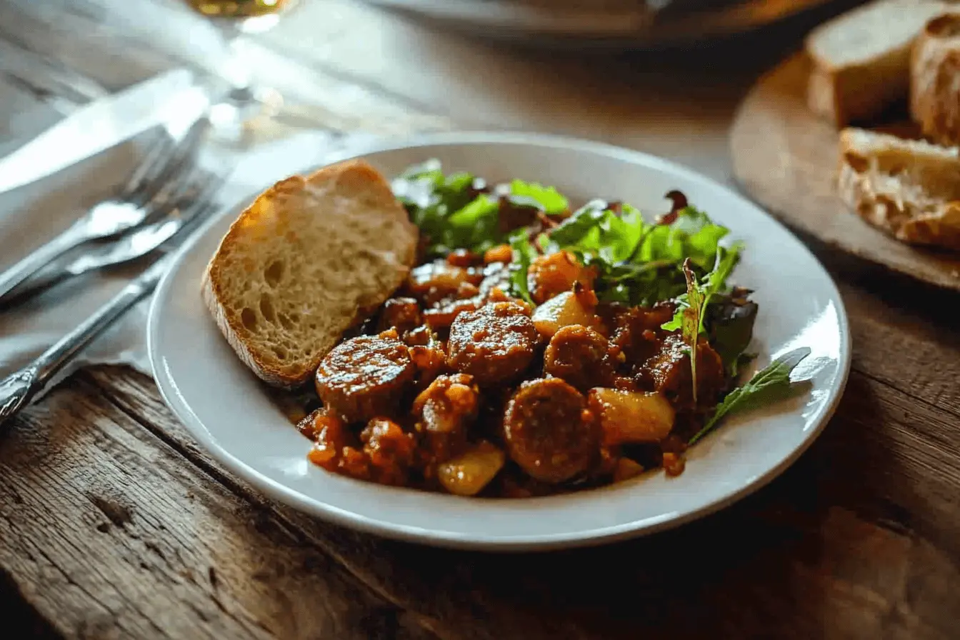 A beautifully served plate of sausage casserole, with a side of crusty bread and a fresh green salad