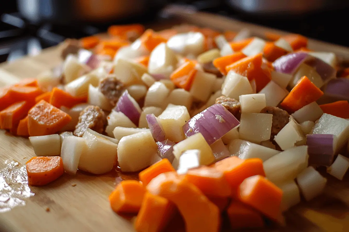 Chopping vegetables for a hearty sausage casserole, with potatoes, carrots, and onions neatly arranged on a chopping board