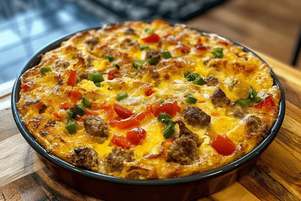 A delicious breakfast casserole filled with sausage, eggs, and vegetables, perfect for a hearty meal.