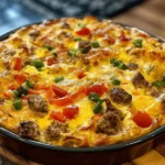 A delicious breakfast casserole filled with sausage, eggs, and vegetables, perfect for a hearty meal.