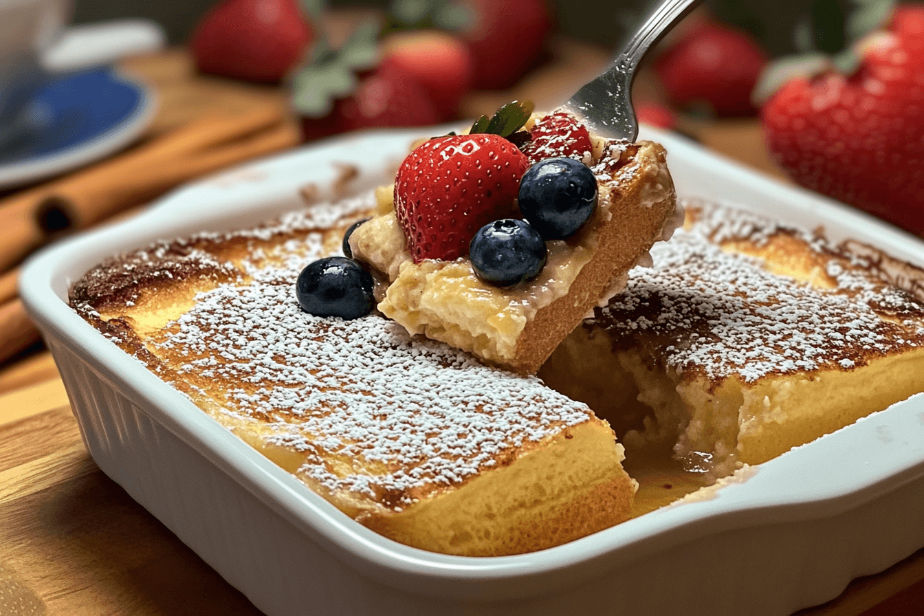 A golden French toast casserole topped with powdered sugar, maple syrup, and fresh berries.