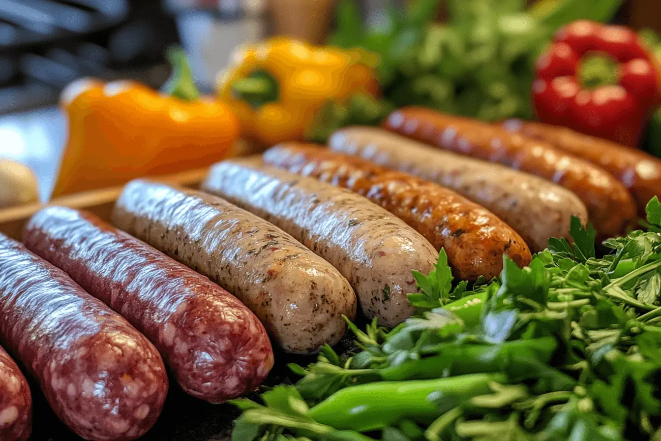 Various types of sausages—chicken, turkey, and vegetarian—on a kitchen counter ready for a breakfast casserole.

