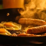 Frying pan with sausages cooking on one side and eggs on the other in a warm kitchen setting , Do I cook sausage or eggs first?