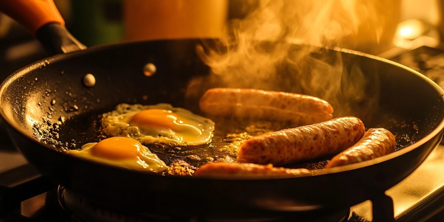 Frying pan with sausages cooking on one side and eggs on the other in a warm kitchen setting , Do I cook sausage or eggs first?