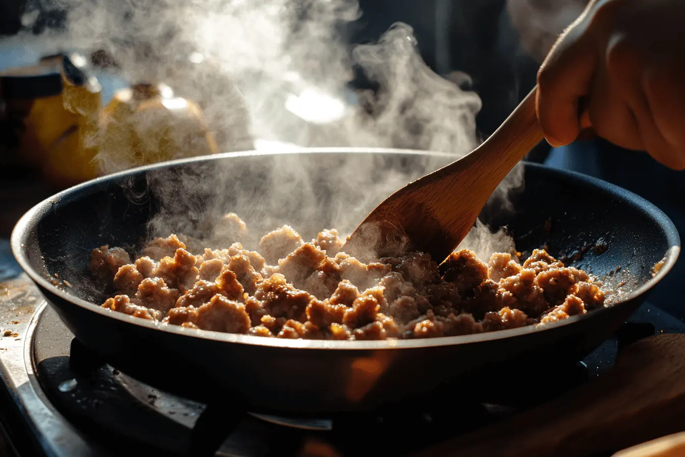 Cooking sausage in a skillet for a breakfast casserole.