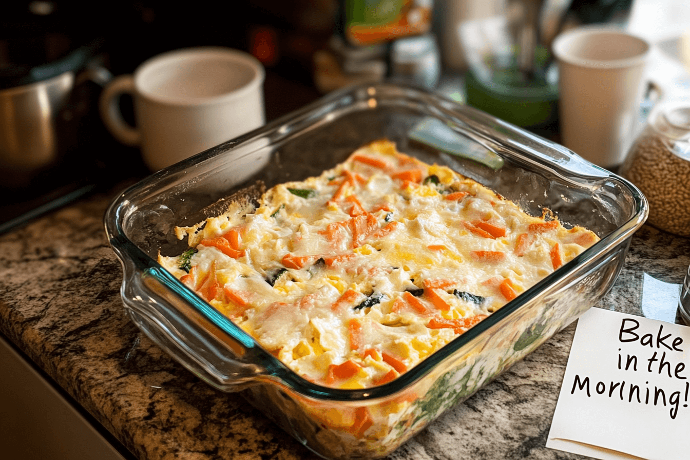 A prepped breakfast casserole in a glass dish, ready to be baked the next morning.