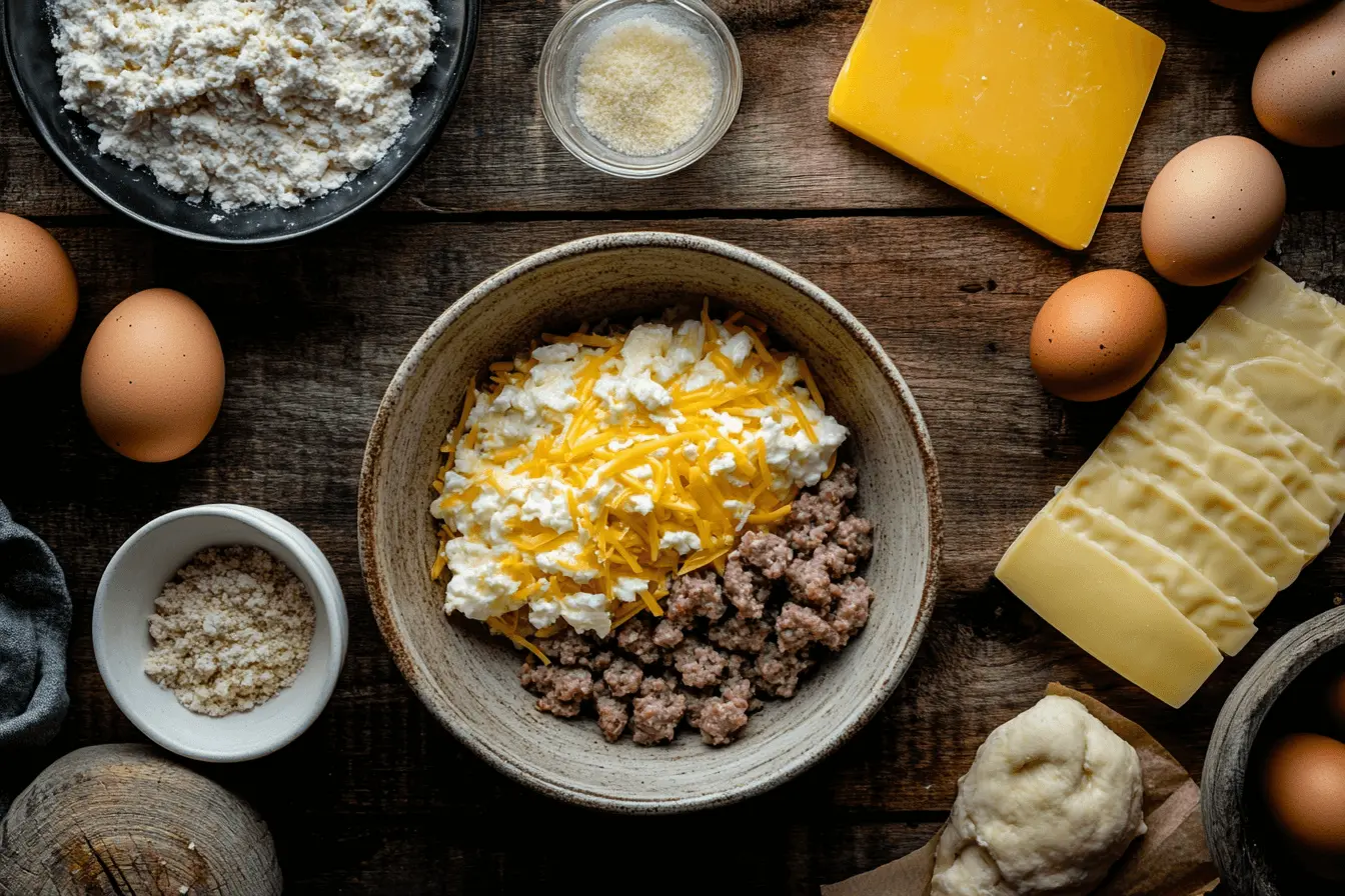 Fresh ingredients for a sausage, egg, and crescent roll breakfast casserole.