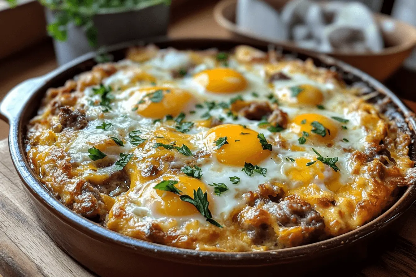 A freshly baked sausage breakfast casserole, topped with cheese and garnished with parsley, ready to serve.

