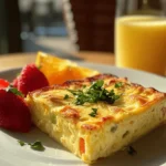 A slice of sausage, egg, and crescent roll breakfast casserole served on a plate.