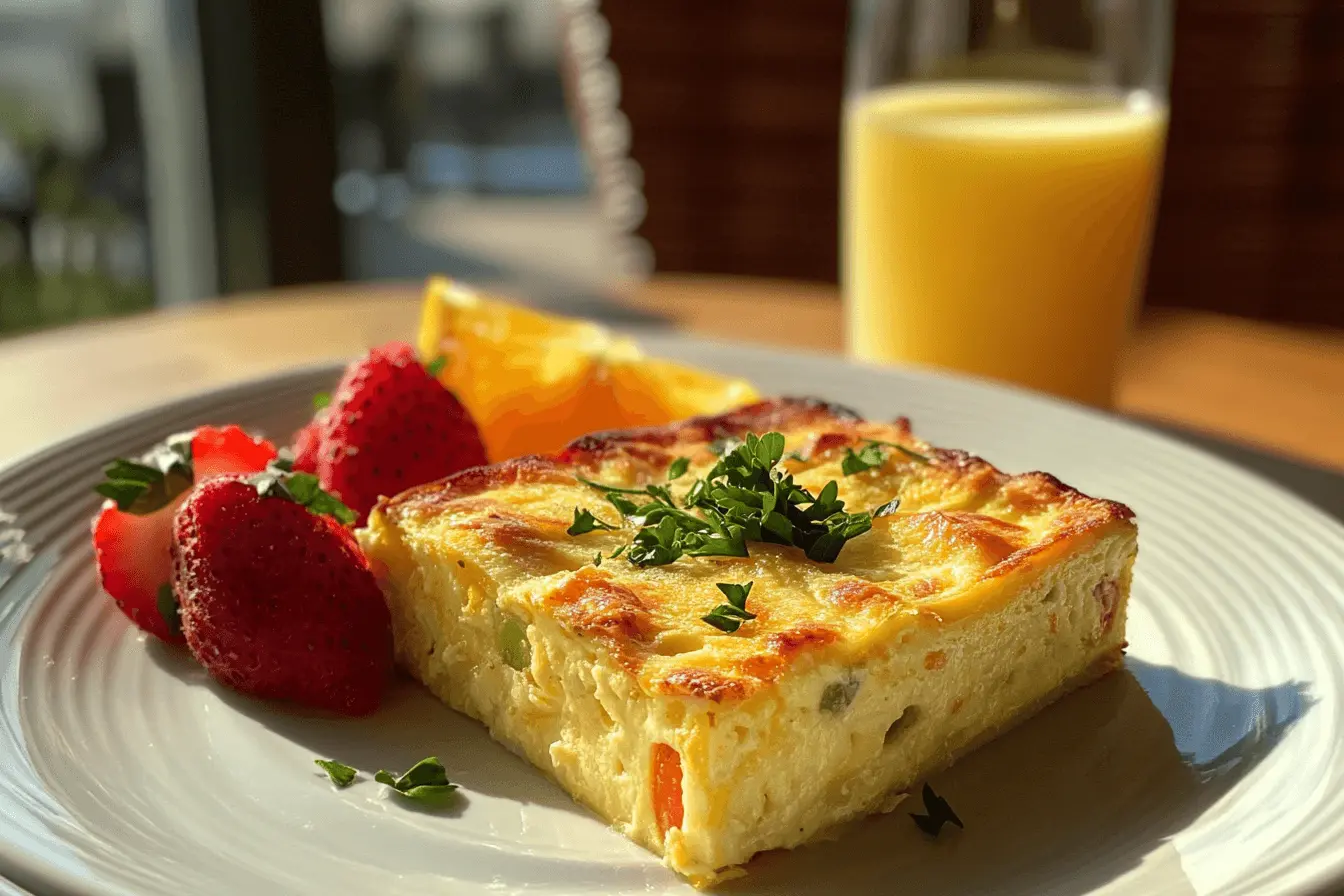 A slice of sausage, egg, and crescent roll breakfast casserole served on a plate.