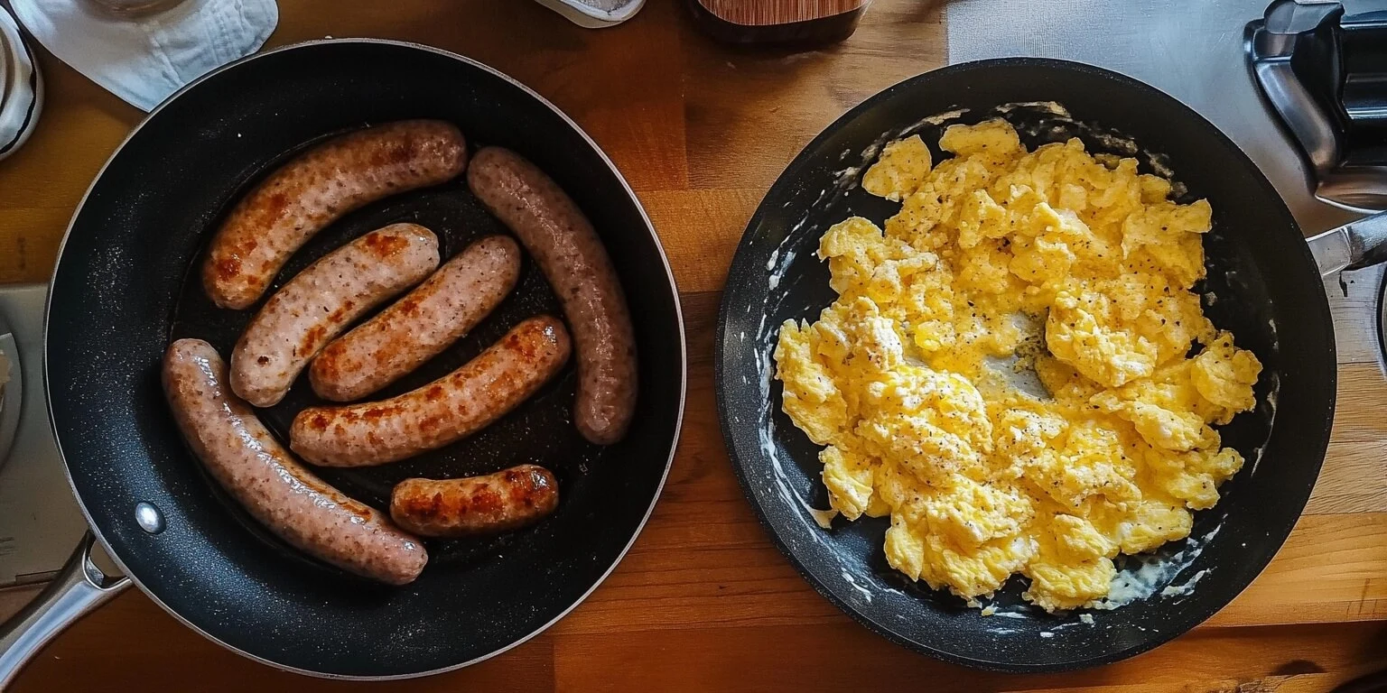 Separate pans for sausages and eggs, one cooking sausages and the other cooking scrambled eggs