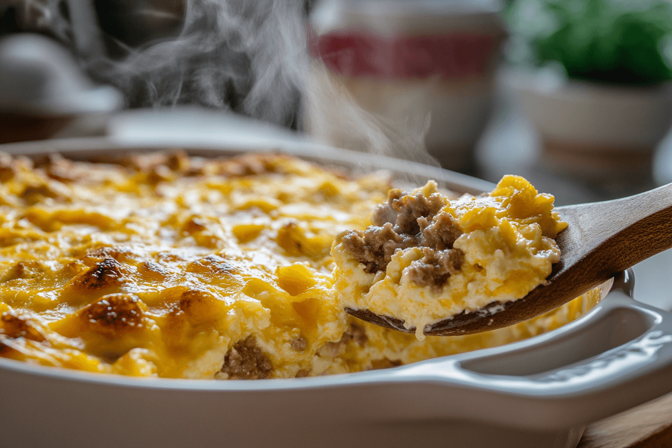  A golden breakfast casserole with eggs, sausage, and cheese, served hot with a wooden spoon.