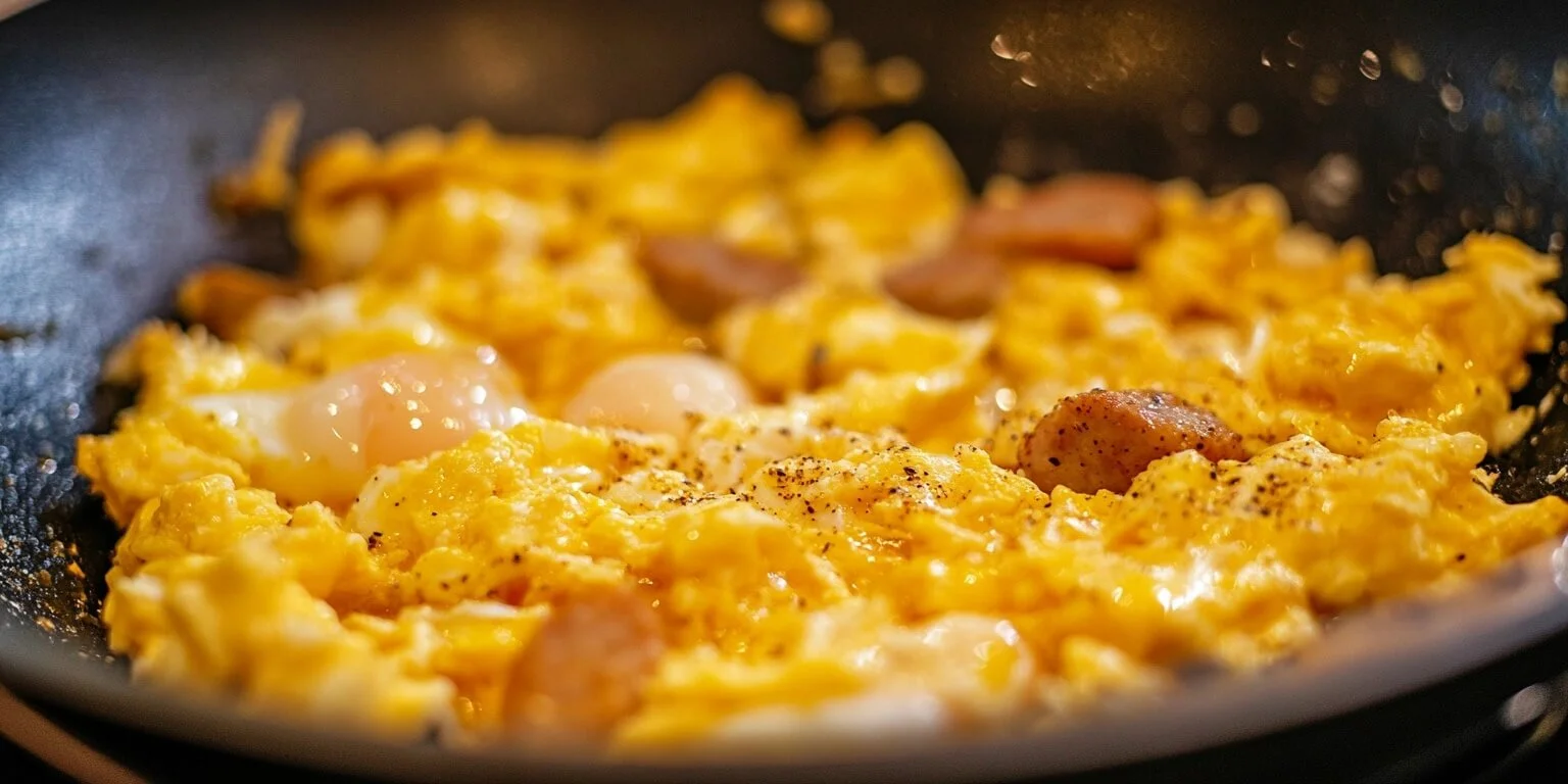 Scrambled eggs cooked first in a frying pan, with sausages cooking in the background.