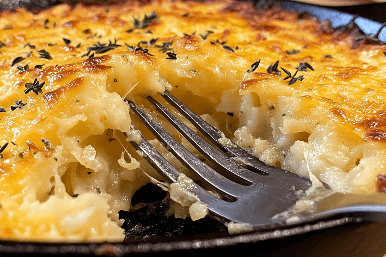 A cheesy hash brown casserole with a golden crispy crust, served in a rustic cast-iron skillet.